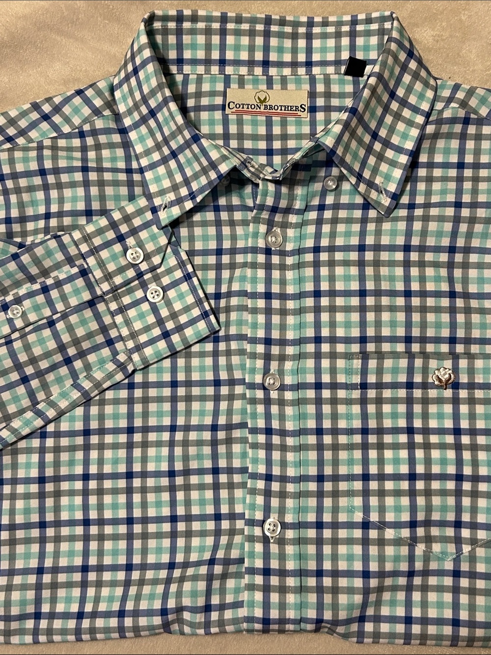 Cotton Brothers Men M Plaid Performance Button Down Shirt Mint Green Long Sleeve